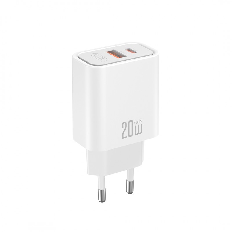 XO мрежово зарядно CE40 PD 20W 1x USB-C 1x USB бяло + кабел USB-C - USB-C
