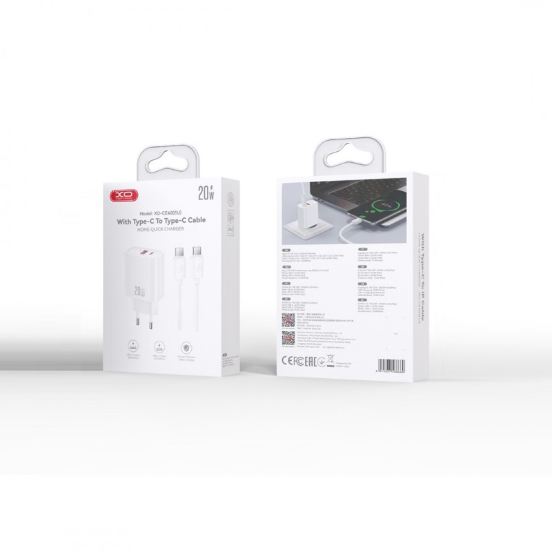 XO мрежово зарядно CE40 PD 20W 1x USB-C 1x USB бяло + кабел USB-C - USB-C