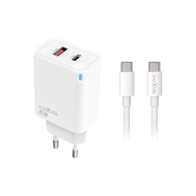 Мрежово зарядно Maxlife PD QC MXTC-09-45AC 1x USB-C 1x USB 45W, бяло + кабел USB-C - USB-C 2,0m 60W