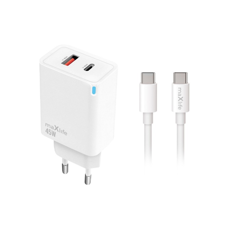Мрежово зарядно Maxlife PD QC MXTC-09-45AC 1x USB-C 1x USB 45W, бяло + кабел USB-C - USB-C 2,0m 60W