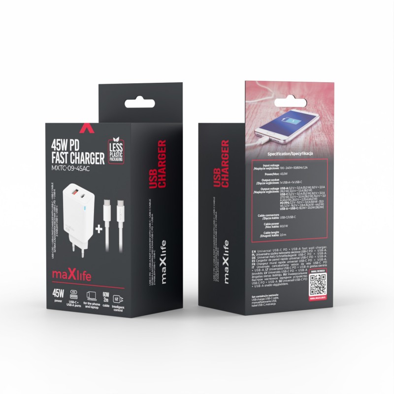 Мрежово зарядно Maxlife PD QC MXTC-09-45AC 1x USB-C 1x USB 45W, бяло + кабел USB-C - USB-C 2,0m 60W