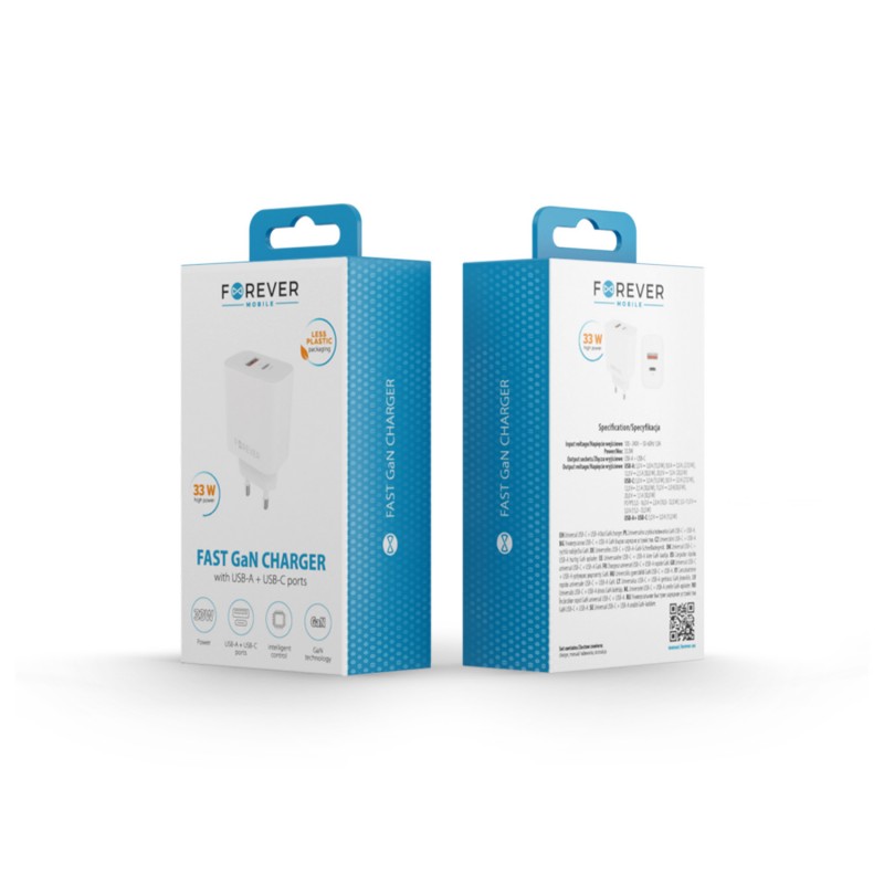 Мрежово зарядно Forever GaN PD QC TC-09-33AC 1x USB-C + 1x USB 33W, бяло
