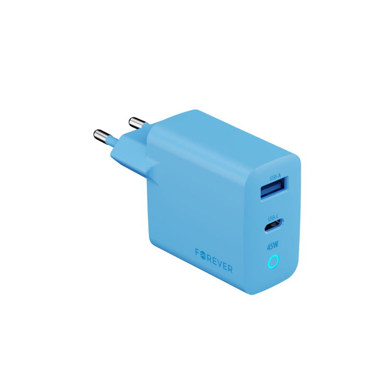 Forever мрежово зарядно GaN PD Vibe-TC45AC 1x USB-C 1x USB 45W светлосиньо