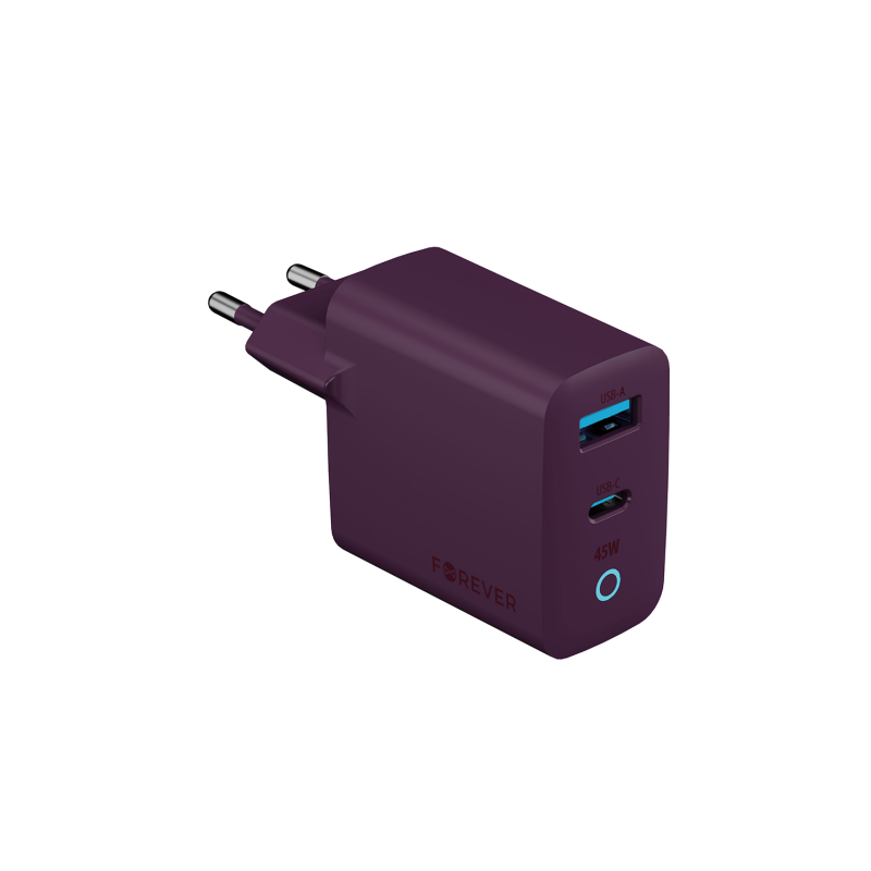 Forever мрежово зарядно GaN PD Vibe-TC45AC 1x USB-C 1x USB 45W тъмна череша