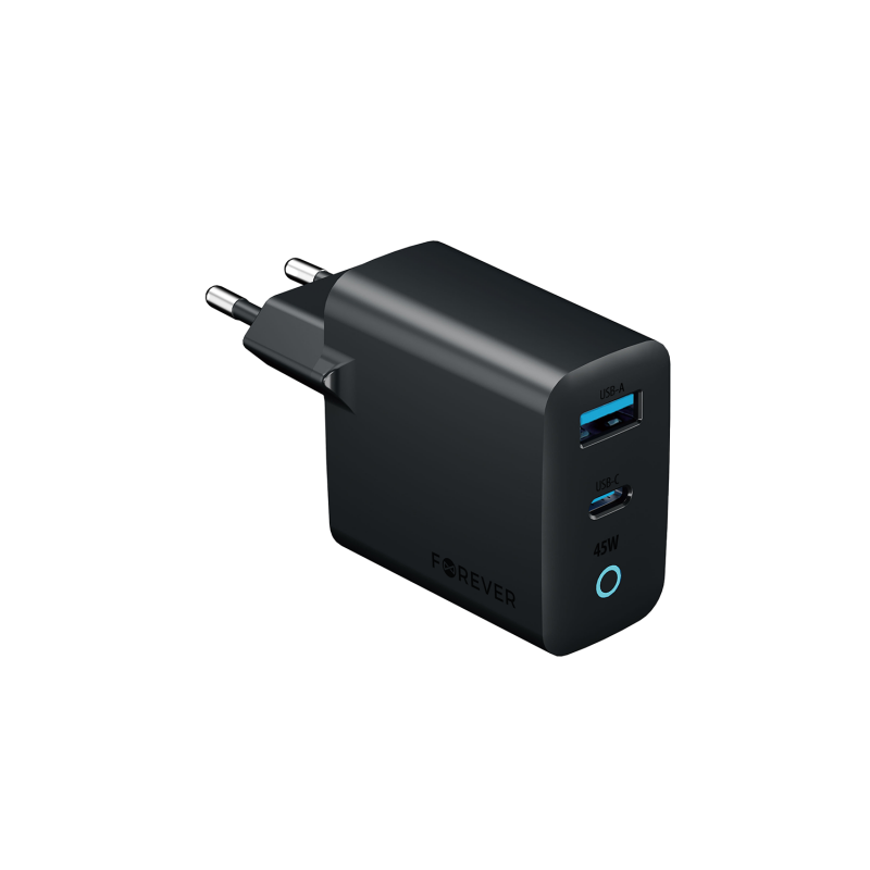 Forever мрежово зарядно GaN PD Vibe-TC45AC 1x USB-C 1x USB 45W тъмносиво