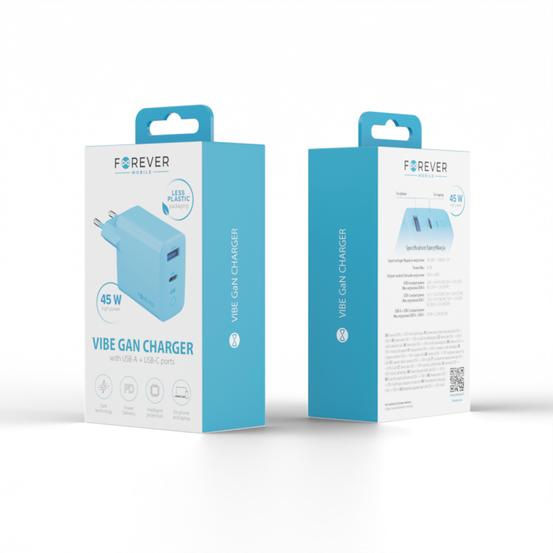 Forever мрежово зарядно GaN PD Vibe-TC45AC 1x USB-C 1x USB 45W светлосиньо