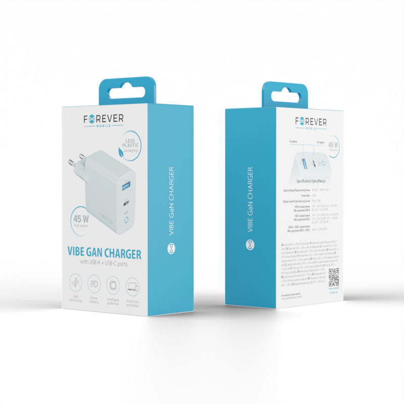Forever мрежово зарядно GaN PD Vibe-TC45AC 1x USB-C 1x USB 45W сребристо