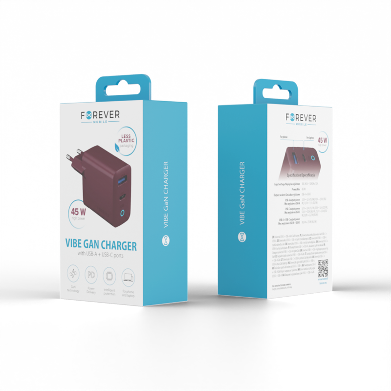 Forever мрежово зарядно GaN PD Vibe-TC45AC 1x USB-C 1x USB 45W тъмна череша