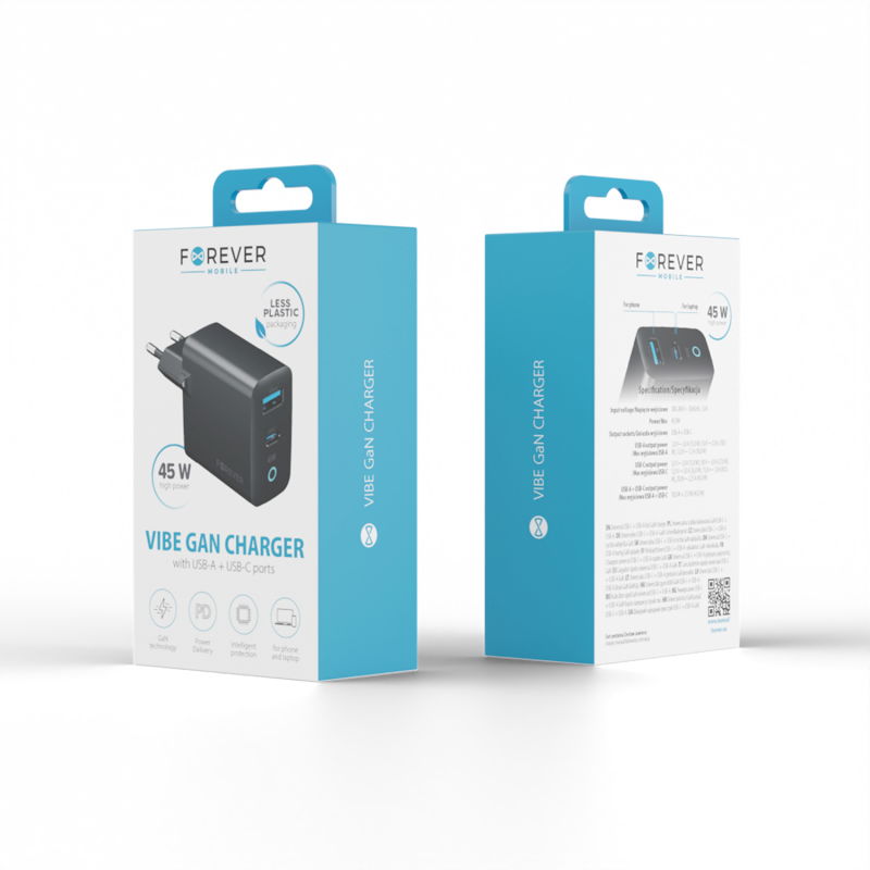 Forever мрежово зарядно GaN PD Vibe-TC45AC 1x USB-C 1x USB 45W тъмносиво