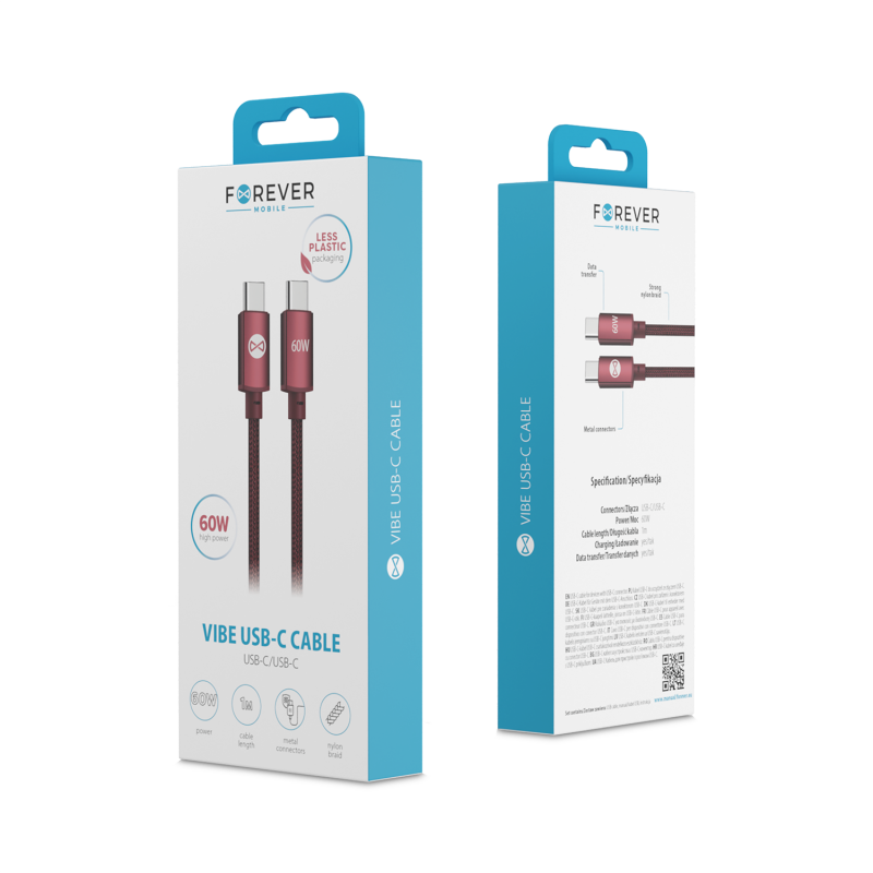 Forever кабел Vibe USB-C - USB-C 1,0 m 60W бордо