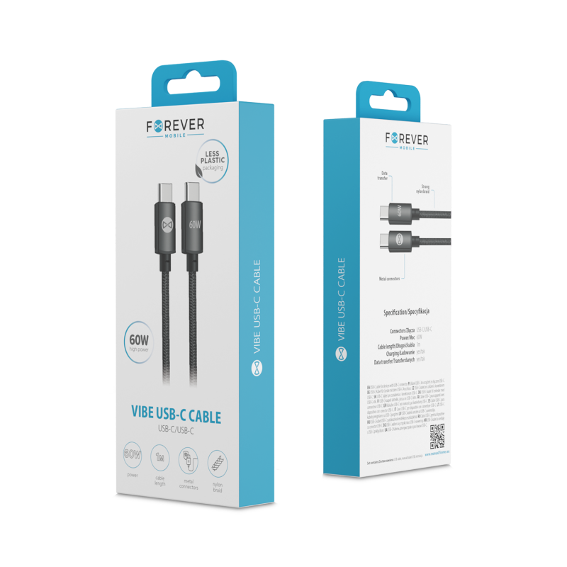 Forever кабел Vibe USB-C - USB-C 1,0 m 60W тъмносив