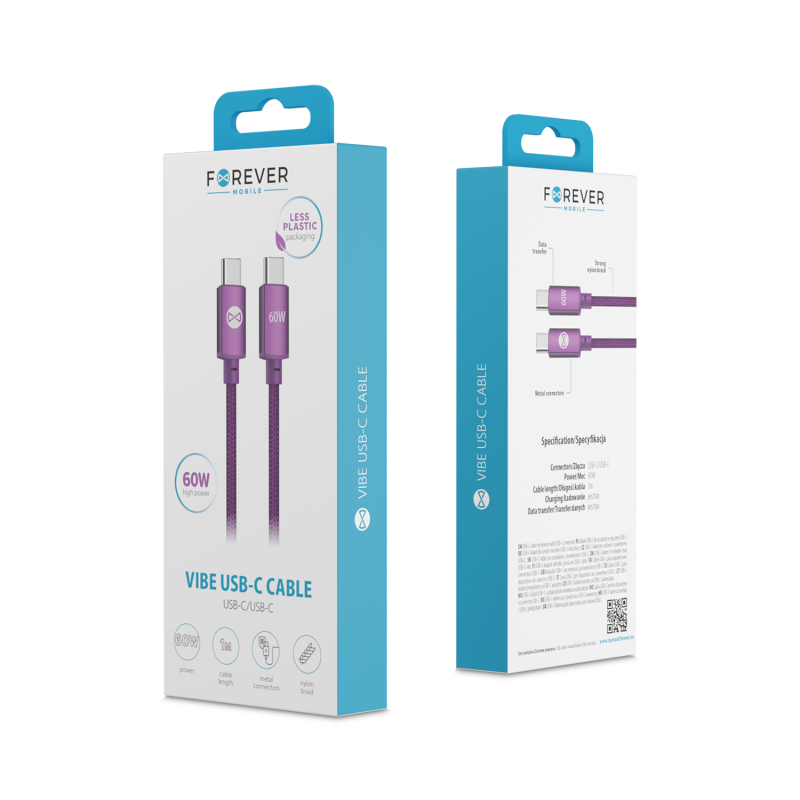 Forever кабел Vibe USB-C - USB-C 1,0 m 60W тъмна череша