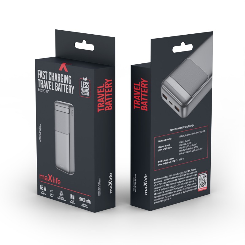 Външна батерия Maxlife MXPB-09 QC PD 65W 20000 mAh, черна