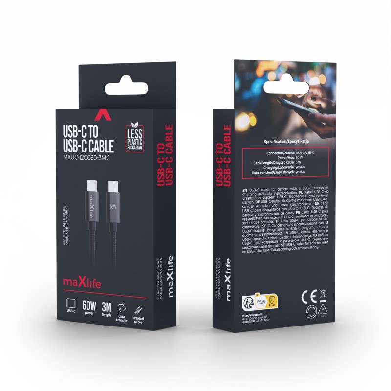 Кабел Maxlife MXUC-12 USB-C - USB-C 3,0 m 60W, черен