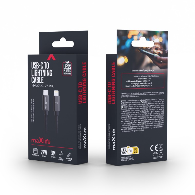 Кабел Maxlife MXUC-12 USB-C - Lightning 3,0 m 27W, черен