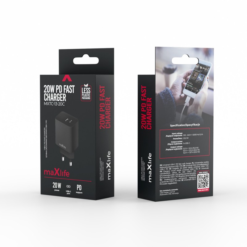 Maxlife мрежово зарядно PD QC MXTC-13-20C 1x USB-C 20W черно