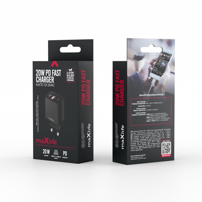 Maxlife мрежово зарядно PD QC MXTC-13-20AC 1x USB-C 1x USB 20W черно