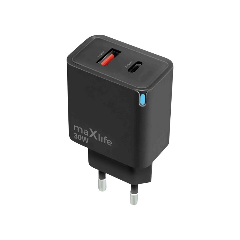 Мрежово зарядно Maxlife GaN PD QC MXTC-09-30AC 1x USB-C 1x USB 30W, черно