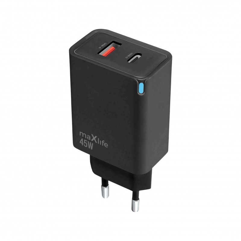 Мрежово зарядно Maxlife GaN PD QC MXTC-09-45AC 1x USB-C 1x USB 45W, черно