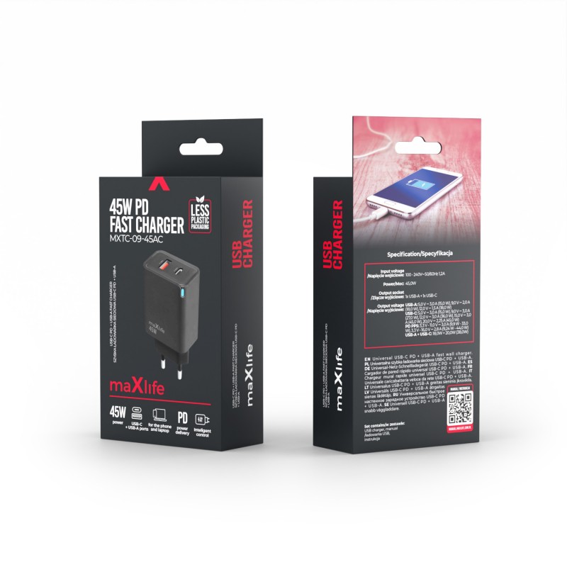 Мрежово зарядно Maxlife GaN PD QC MXTC-09-45AC 1x USB-C 1x USB 45W, черно