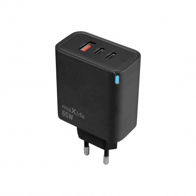 Мрежово зарядно Maxlife GaN PD QC MXTC-09-65ACC 2x USB-C 1x USB 65W, черно