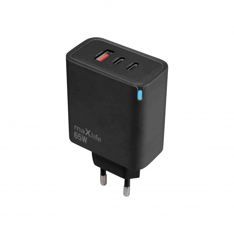 Мрежово зарядно Maxlife GaN PD QC MXTC-09-65ACC 2x USB-C 1x USB 65W, черно