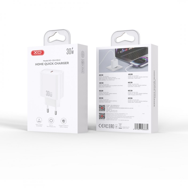 XO мрежово зарядно CE41 PD 30W 1x USB-C бяло