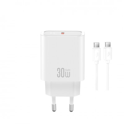 XO мрежово зарядно CE41 PD 30W 1x USB-C бяло + кабел USB-C - USB-C