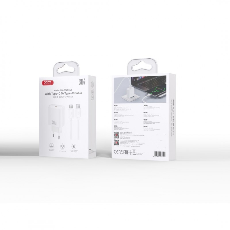 XO мрежово зарядно CE41 PD 30W 1x USB-C бяло + кабел USB-C - USB-C