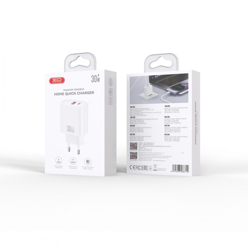 XO мрежово зарядно CE42 PD 30W 1x USB-C 1x USB бяло