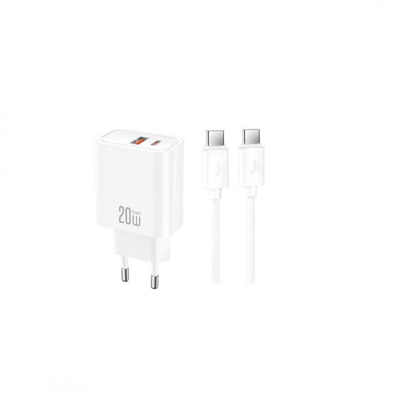 XO мрежово зарядно CE42 PD 30W 1x USB-C 1x USB бяло + кабел USB-C - USB-C
