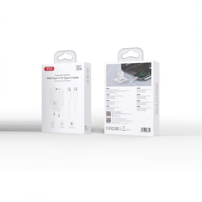 XO мрежово зарядно CE42 PD 30W 1x USB-C 1x USB бяло + кабел USB-C - USB-C