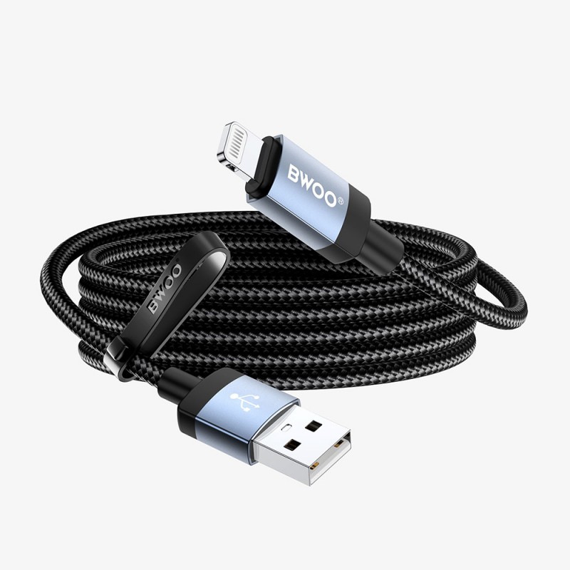BWOO кабел с оплетка BO-X401L USB-A - Lightning 1m, бързо зареждане 3A, черен