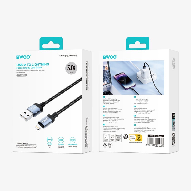 BWOO кабел с оплетка BO-X401L USB-A - Lightning 1m, бързо зареждане 3A, черен