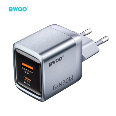BWOO мрежово зарядно GaN BO-CDA237 1xUSB-A + 1xUSB-C 3A PD 30W + QC 18W, сиво, с PPS