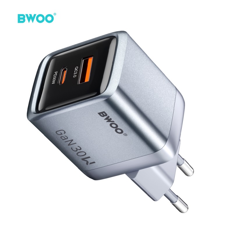 BWOO мрежово зарядно GaN BO-CDA237 1xUSB-A + 1xUSB-C 3A PD 30W + QC 18W, сиво, с PPS