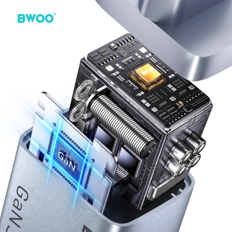 BWOO мрежово зарядно GaN BO-CDA237 1xUSB-A + 1xUSB-C 3A PD 30W + QC 18W, сиво, с PPS