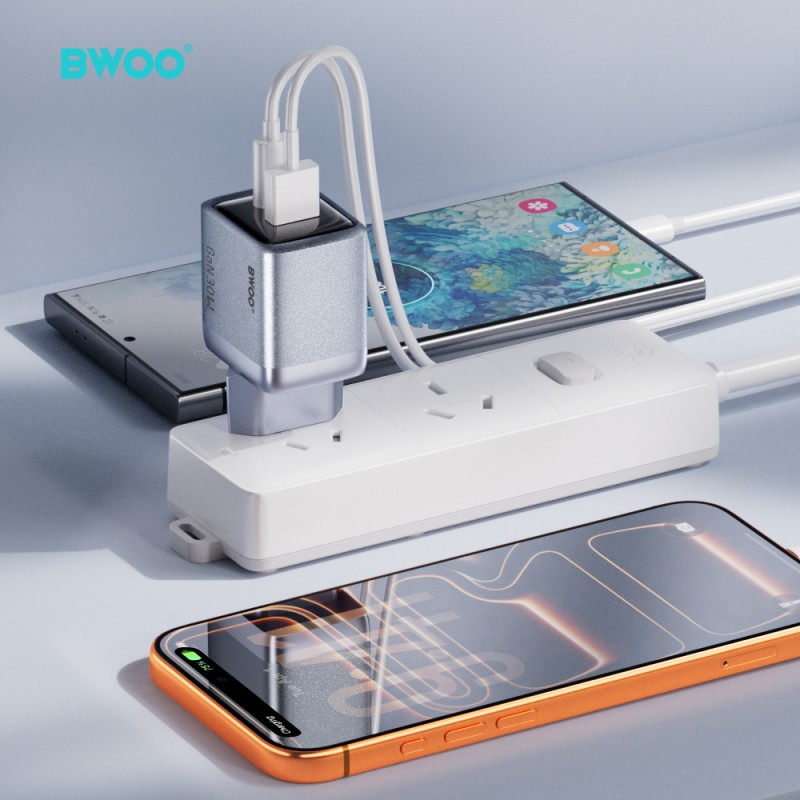 BWOO мрежово зарядно GaN BO-CDA237 1xUSB-A + 1xUSB-C 3A PD 30W + QC 18W, сиво, с PPS