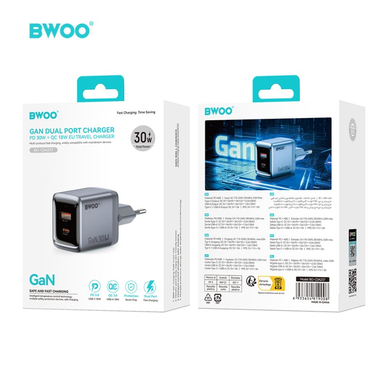 BWOO мрежово зарядно GaN BO-CDA237 1xUSB-A + 1xUSB-C 3A PD 30W + QC 18W, сиво, с PPS