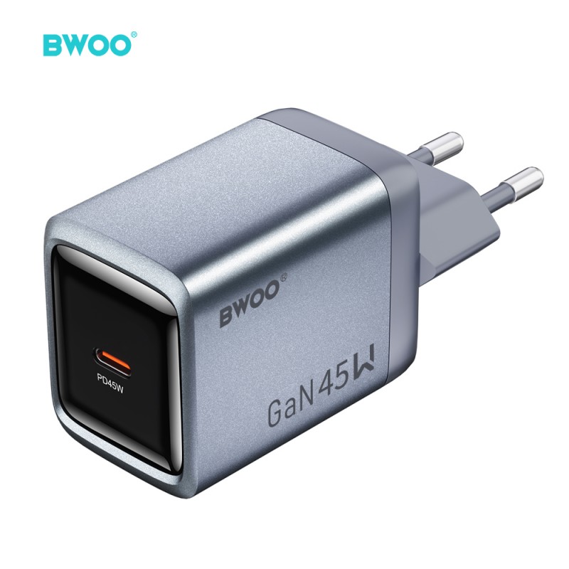 BWOO мрежово зарядно GaN BO-CDA238 1xUSB-C 3A PD 45W, сиво, с PPS