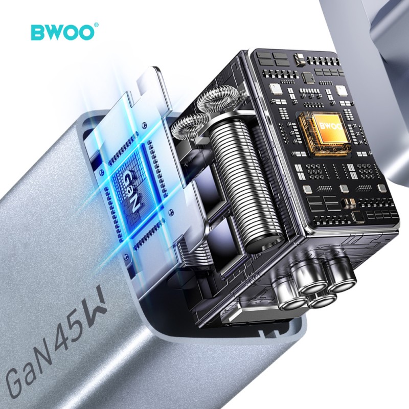BWOO мрежово зарядно GaN BO-CDA238 1xUSB-C 3A PD 45W, сиво, с PPS