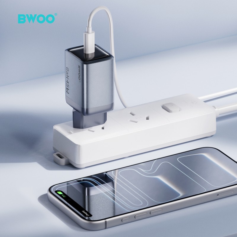 BWOO мрежово зарядно GaN BO-CDA238 1xUSB-C 3A PD 45W, сиво, с PPS