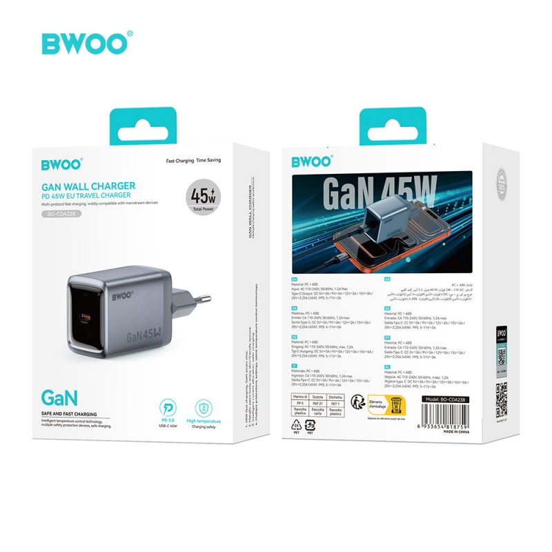 BWOO мрежово зарядно GaN BO-CDA238 1xUSB-C 3A PD 45W, сиво, с PPS