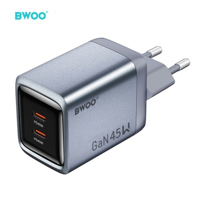 BWOO мрежово зарядно GaN BO-CDA239 2xUSB-C 3A PD 45W, сиво, с PPS