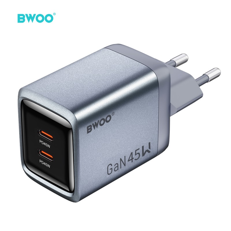 BWOO мрежово зарядно GaN BO-CDA239 2xUSB-C 3A PD 45W, сиво, с PPS