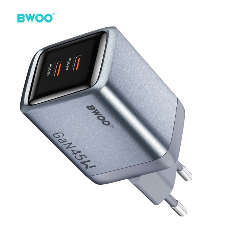 BWOO мрежово зарядно GaN BO-CDA239 2xUSB-C 3A PD 45W, сиво, с PPS