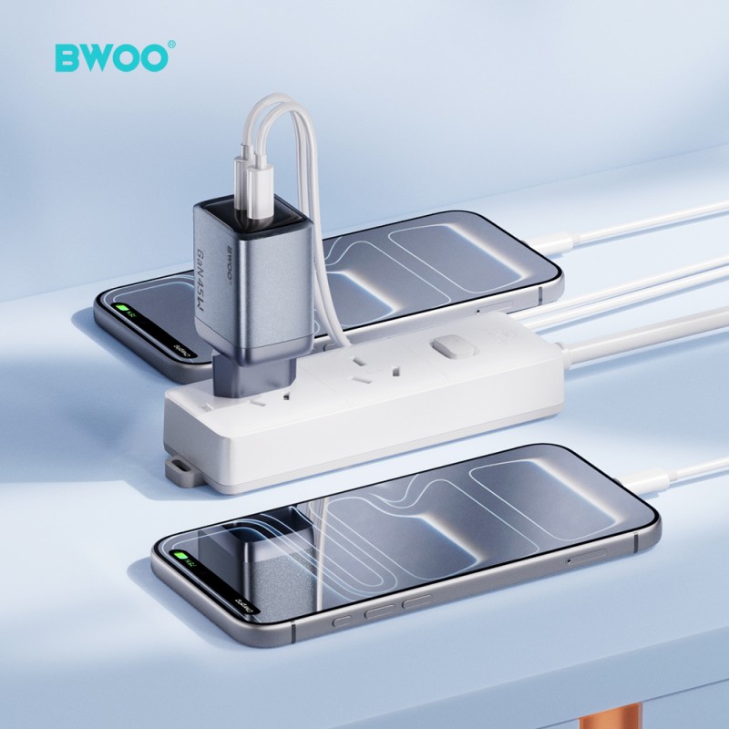 BWOO мрежово зарядно GaN BO-CDA239 2xUSB-C 3A PD 45W, сиво, с PPS