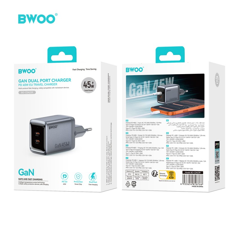 BWOO мрежово зарядно GaN BO-CDA239 2xUSB-C 3A PD 45W, сиво, с PPS