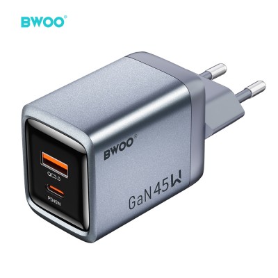 BWOO мрежово зарядно GaN BO-CDA240 1xUSB-A + 1xUSB-C 3A PD 45W + QC 18W, сиво, с PPS