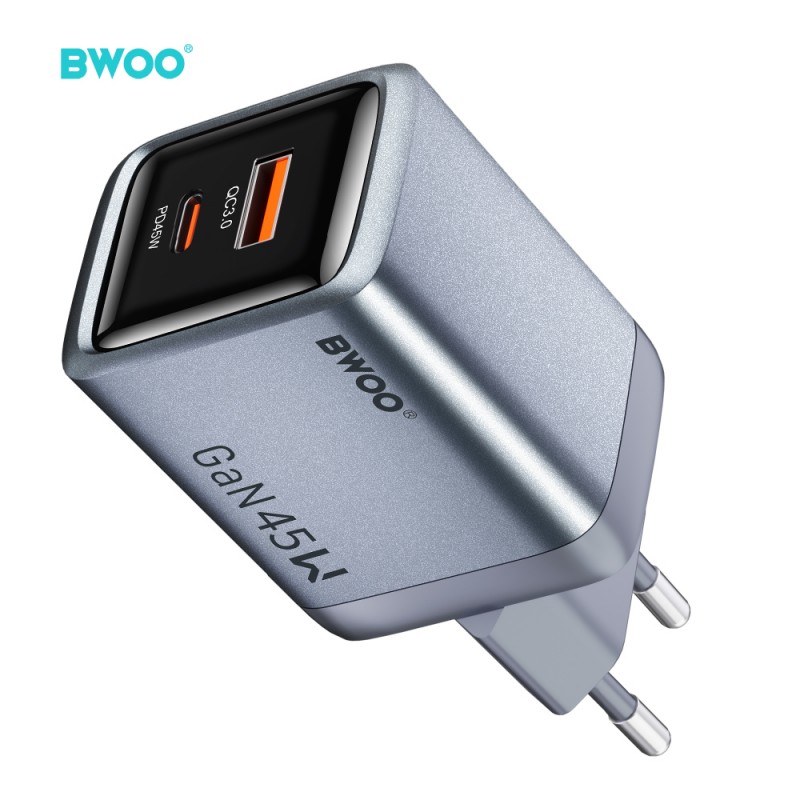 BWOO мрежово зарядно GaN BO-CDA240 1xUSB-A + 1xUSB-C 3A PD 45W + QC 18W, сиво, с PPS